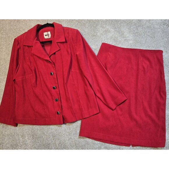 Leslie Fay 2 Pc Skirt Suit Faux Suede Red Elastic Waist Professional Petite 14WP - Picture 1 of 16